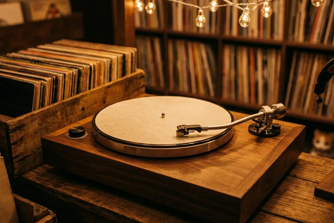 A turntable with no record on the platter and the tonearm resting on the mat