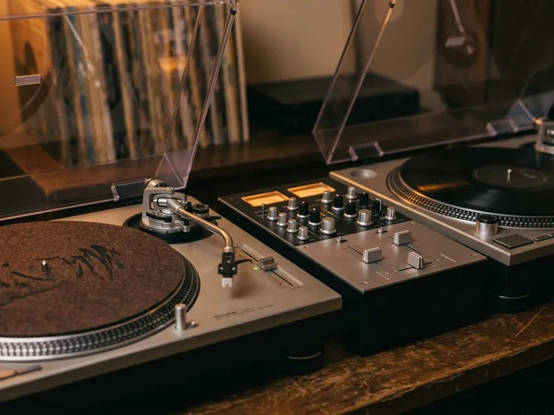 Two direct-drive DJ decks and a mixer