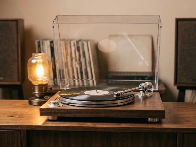 Walnut hi-fi turntable with speakers behind it